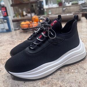 Prada Black and Red Sneakers with White Soles